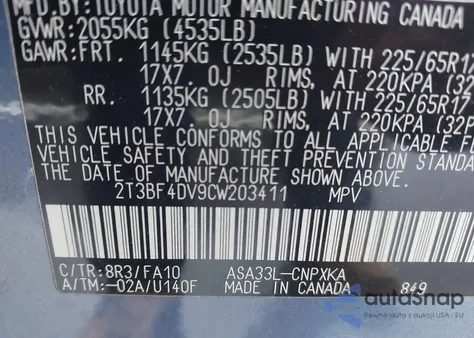 2012 Toyota Rav4 from USA, damaged, VIN 2T3BF4DV9CW203411
